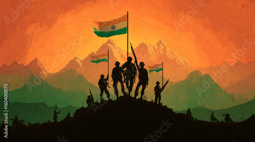 Illustration of brave Indian Army soldiers hoisting Indian Flag on top of mountain during sunset - Kargil Vijay Diwas 