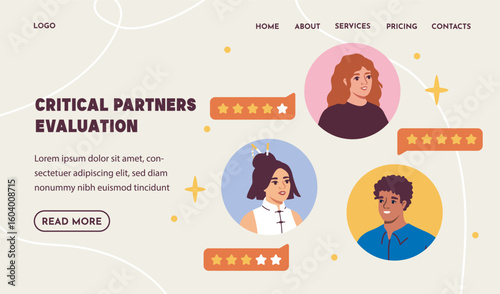 Cartoon-style illustration showing user evaluations with star ratings and avatars of diverse people on a light background. Concept of partner feedback. Vector illustration