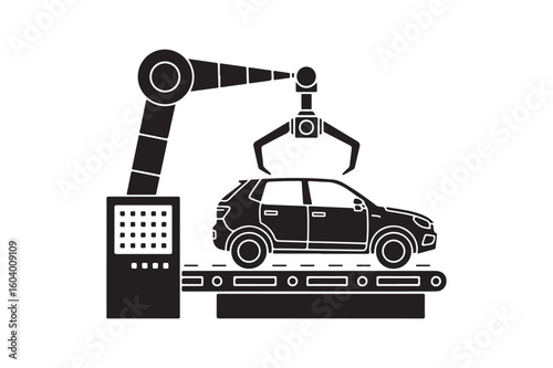 Automated car manufacturing assembly line with robotic arm silhouette and modern vehicle on conveyor belt for efficient production