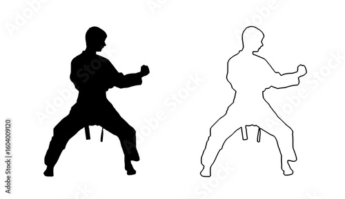 a black and white image of people doing karate art, black, image, man, people, silhouette 