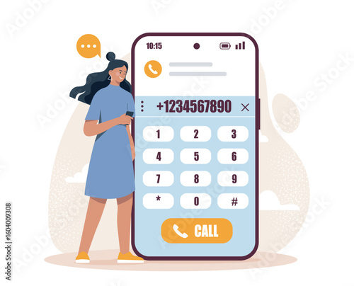 A woman stands next to a giant smartphone screen, dialing a number on a keypad interface. Flat cartoon style on a light abstract background. Concept of communication. Vector illustration