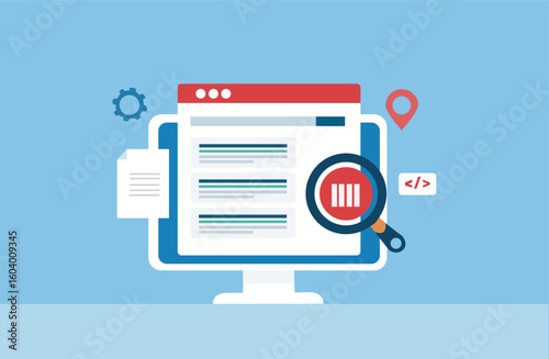 Flat design of computer screen with search results and magnifying glass, representing data search, analytics, or SEO.