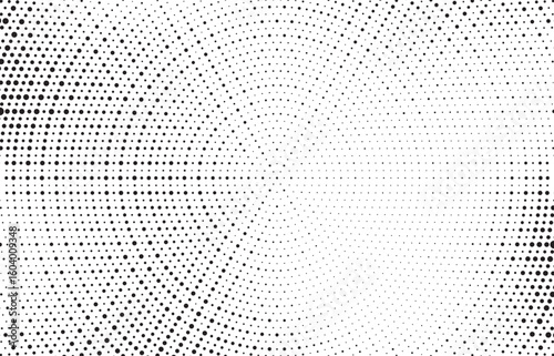 Radial halftone gradient background. Dotted concentric texture with fading effect. Black and white circle shade wallpaper. Grunge rough vector. Monochrome backdrop