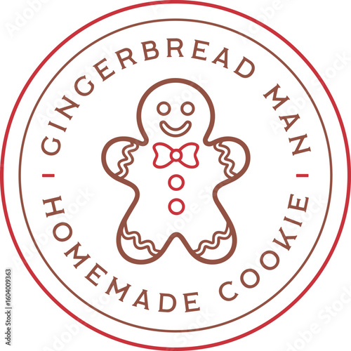Gingerbread man cookie logo round label circular badge sticker stamp tag cute packaging design. Retro vintage traditional xmas Christmas holiday season homemade treats aesthetic isolated clipart.