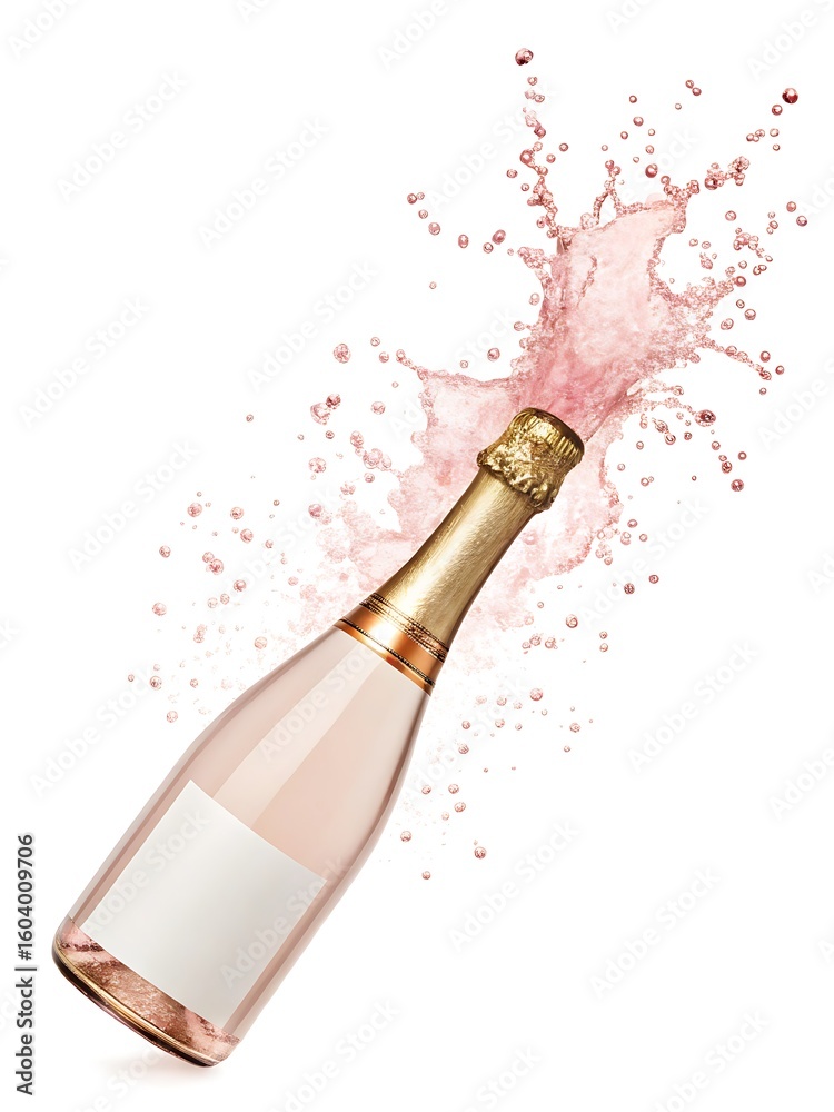 Fototapeta premium Sparkling rose champagne bottle splashing pink liquid and bubbles image