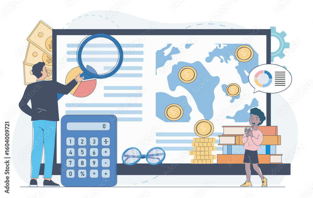 Obraz premium Two characters examine global economy data with graphs, coins, and maps on a digital screen, representing international finance and learning. Vector illustration