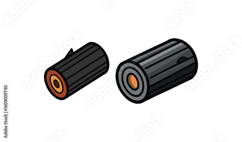 Two cylindrical objects with ribbed texture and metallic rings