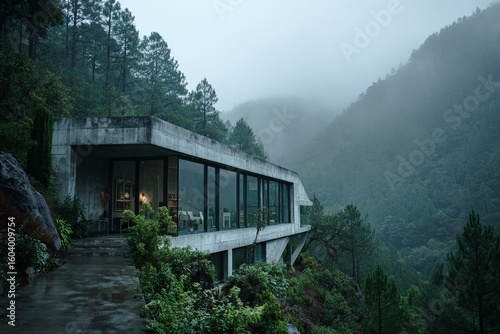 Modernist house facade made of glass and raw concrete, set in forested mountainside, captured from wide angle with mist rising in background