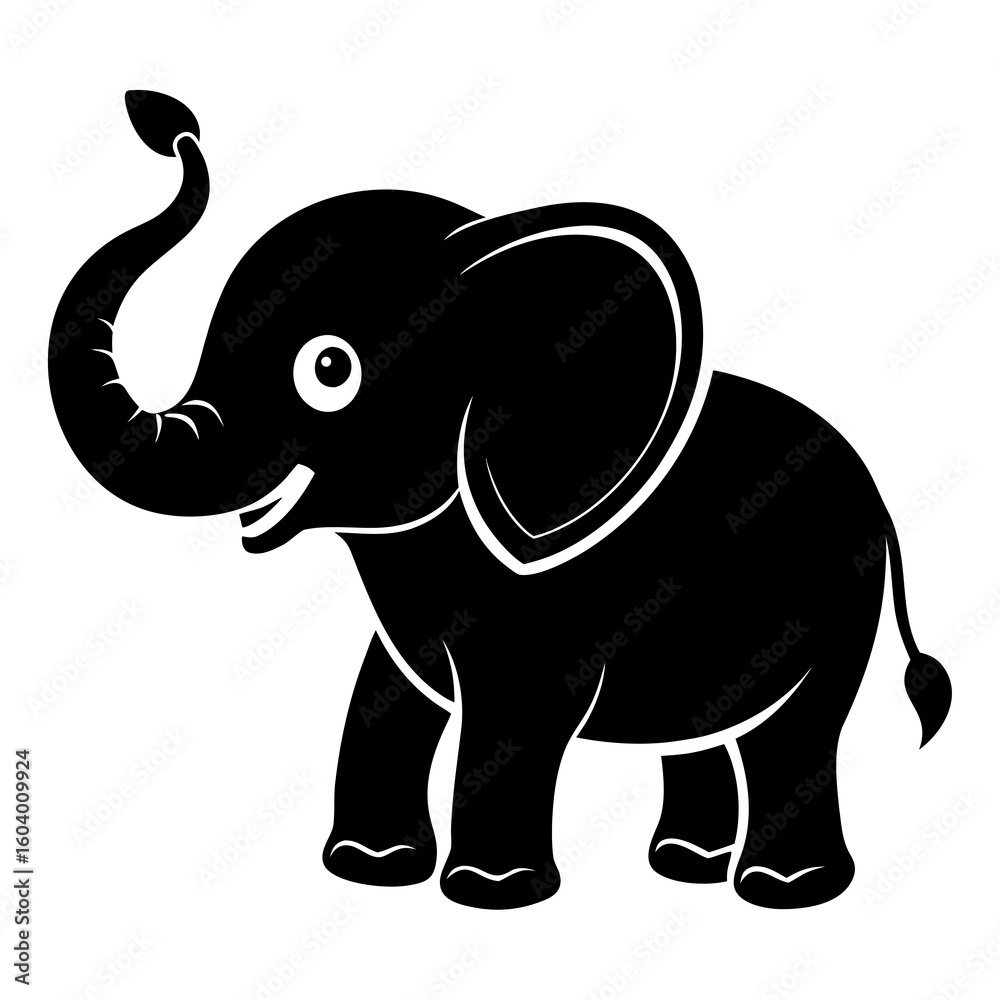 Obraz premium Baby Elephant with Trunk Up vector clean black silhouette design white background