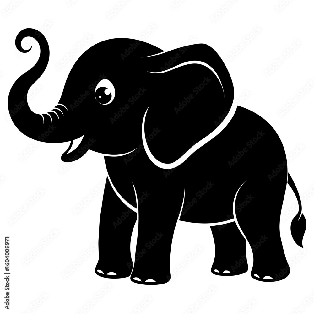 Obraz premium Baby Elephant with Trunk Up vector clean black silhouette design white background