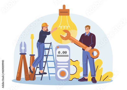Two workers fixing a light bulb with tools, standing next to a meter and gear, in flat cartoon style on a white background. Concept of energy efficiency. Vector illustration