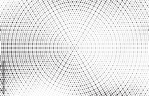 Radial halftone dots. Spotted and dotted stains gradient background. Concentric comic texture with fading effect. Black and white rough gritty wallpaper. Grunge monochrome geometric backdrop. Vector