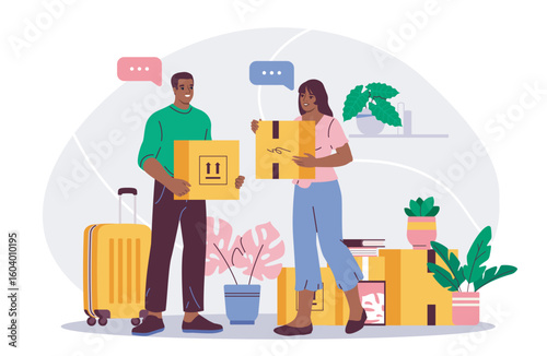 Man and woman unpacking cardboard boxes in a new home interior, flat cartoon style on a white background, concept of relocation and new beginnings. Vector illustration