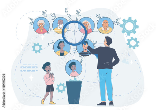 Man and child exploring family tree with magnifying glass, cartoon style characters on abstract blue background, concept of genealogy and ancestry. Vector illustration