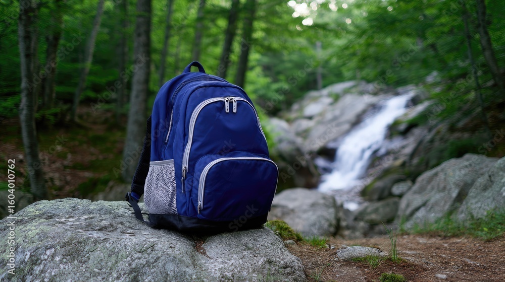 Fototapeta premium Blue Backpack Resting on Stone Near Waterfall in Lush Green Forest Setting