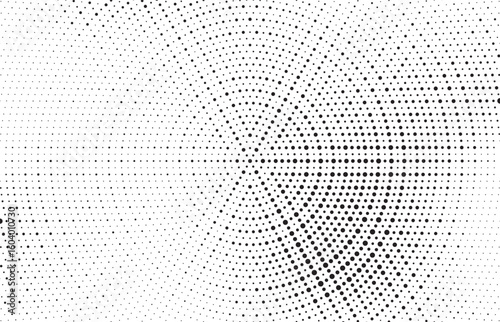 Radial halftone gradient background. Dotted concentric texture with fading effect. Black and white circle shade wallpaper. Grunge rough vector. Monochrome backdrop