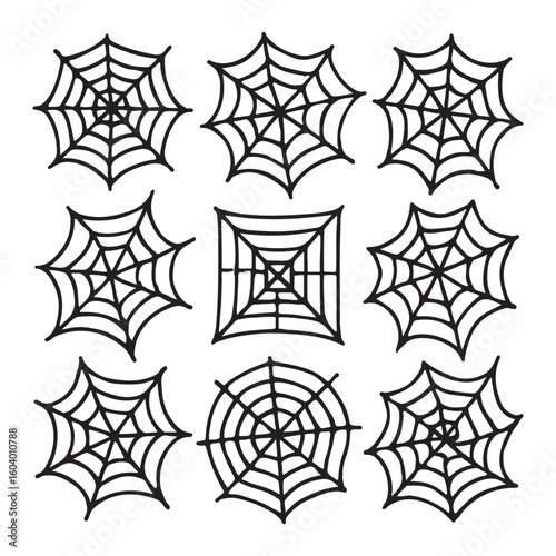 Set of nine spider web designs in black outline, ideal for Halloween, spooky themes, or web-themed illustrations.