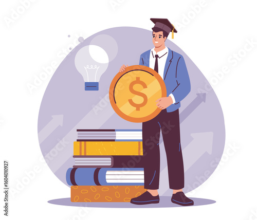 A student in graduation attire holds a gold coin near a stack of books, with a glowing light bulb and arrows in the background. Concept of student loan or education funding. Vector illustration