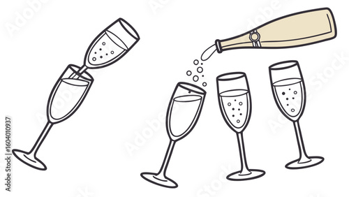 Illustration of champagne bottle pouring into glasses and two glasses being joined together nicely