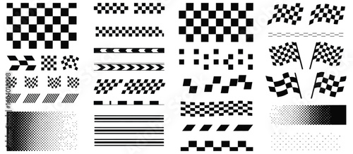 Racing Stripe Banner and Checkered Flag Vector Set – Speed Line Graphics for Car Racing, Motorsport Events, and Track Finish Line Decorations

