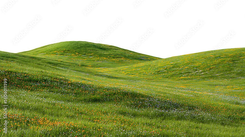 Obraz premium Expansive green landscape with undulating hills and scattered wildflowers isolated on transparent background