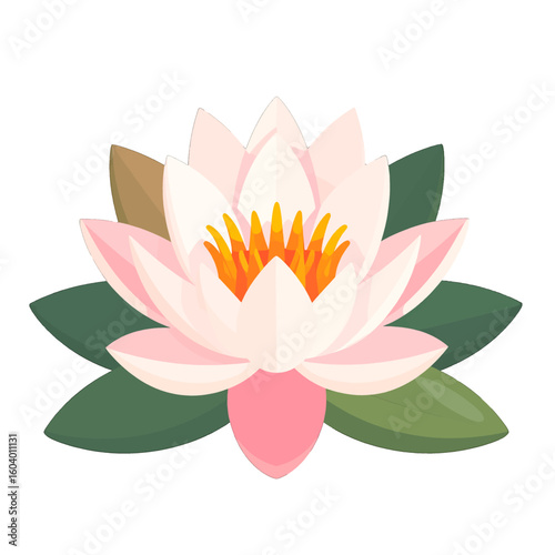 Stylized pink and white water lily flower in full bloom with a vibrant yellow-orange center and green leaves, presented in a flat vector illustration style.
