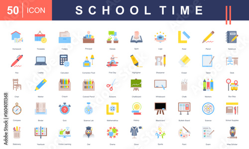 School Time icon set featuring essential classroom tools, subjects, and activities—ideal for educational content, school design materials, academic platforms, and back-to-school promotions.