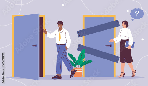 Two people face different doors, one open and one blocked, showing unequal opportunities. Flat graphic style on a light purple background. Concept of discrimination. Vector illustration