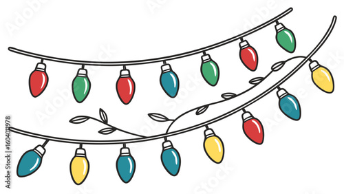 Illustration of two strands of christmas lights with red green blue and yellow bulbs on a white background