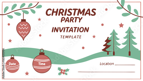 A christmas party invitation template with ornaments trees and holly berries for holiday celebration design