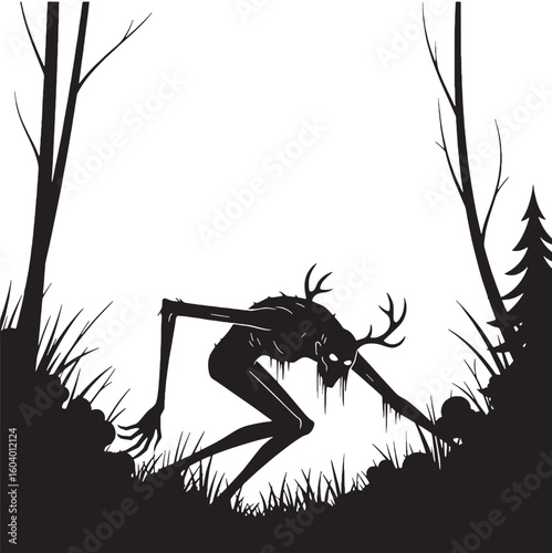 Stalking the snowy silence – Wendigo silhouette carved in grim Wendigo vector – Wendigo illustration – Halloween silhouette

