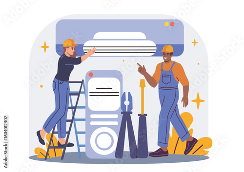 Two HVAC technicians maintaining an air conditioning unit using tools, shown in a flat cartoon style with abstract background. Concept of home appliance repair. Vector illustration