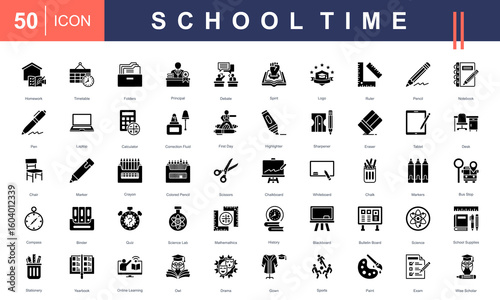 School Time icon set featuring essential classroom tools, subjects, and activities—ideal for educational content, school design materials, academic platforms, and back-to-school promotions.