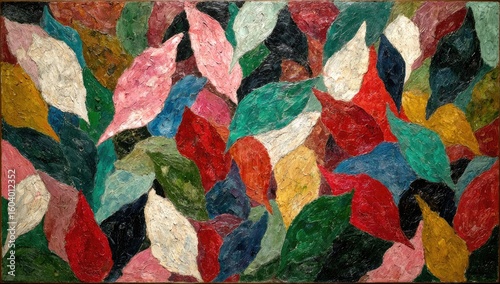 Abstract painting of densely packed, textured leaves in various colors