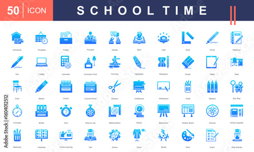 School Time icon set featuring essential classroom tools, subjects, and activities—ideal for educational content, school design materials, academic platforms, and back-to-school promotions.