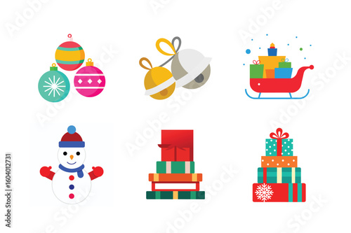 Festive christmas icons featuring ornaments snowman sleigh and gift boxes