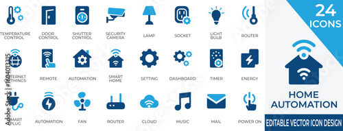 A modern smart home automation solid icon set for temperature,  smart plug, fan, lamp, and IoT devices. Perfect for home automation dashboards, apps, web interfaces, and energy management projects.