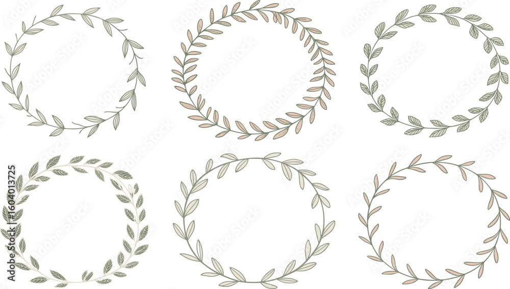 Fototapeta premium Decorative vector wreaths bundle with hand drawn leaves in gentle color palette