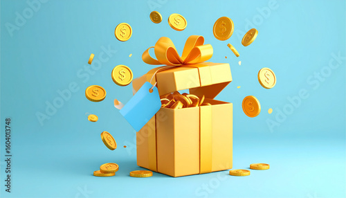 Open gift box overflowing with gold coins, a yellow ribbon, and a blue tag.