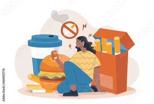 Woman sitting with fast food, cigarettes, and coffee around her, looking thoughtful, flat style on white background. Concept of unhealthy lifestyle choices. Vector illustration