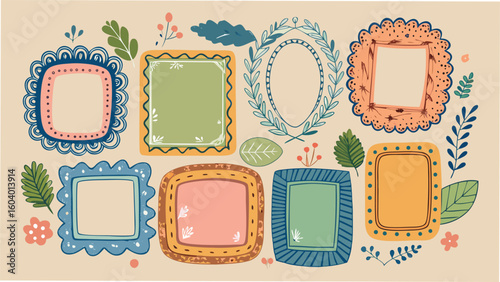 Decorative hand drawn frames with floral and botanical elements providing a transparent background for design and invitations