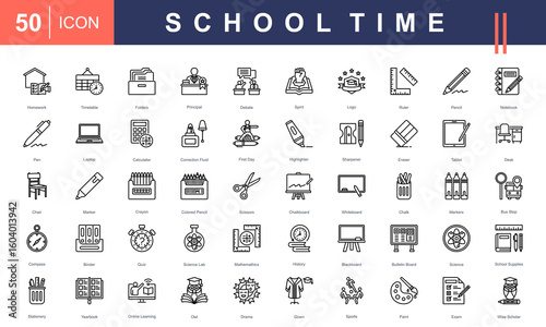 School Time icon set featuring essential classroom tools, subjects, and activities—ideal for educational content, school design materials, academic platforms, and back-to-school promotions.