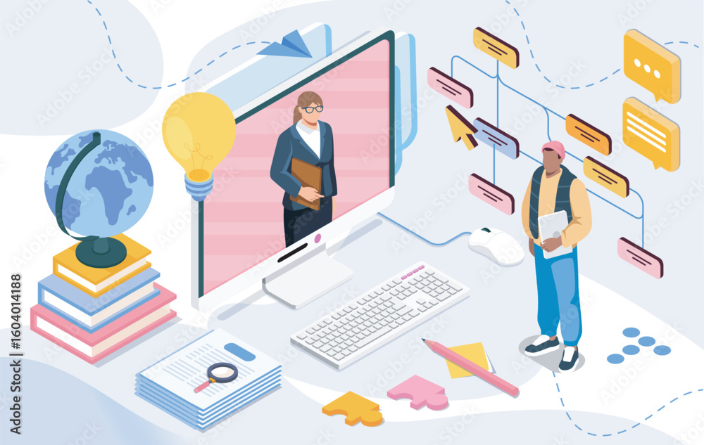 Fototapeta premium Digital learning scene with a student and online teacher on a computer monitor, surrounded by books, globe, and icons on abstract background. Vector illustration