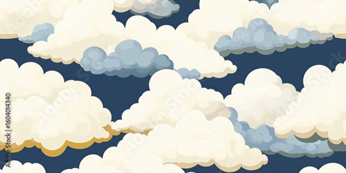 Clouds seamless pattern with fluffy white and gray shapes on blue background, playful sky design for modern decor and creative projects.
