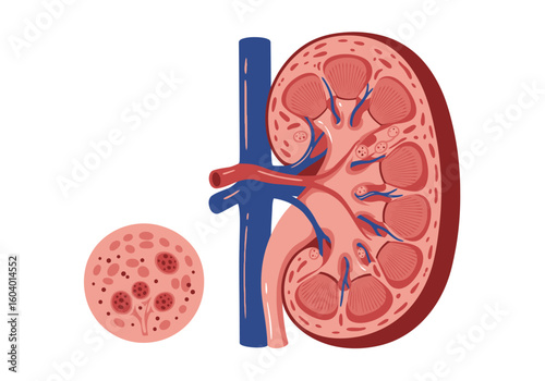 Kidney section showing blood vessels  kidney function representation via a circle sectioned with cellular structures