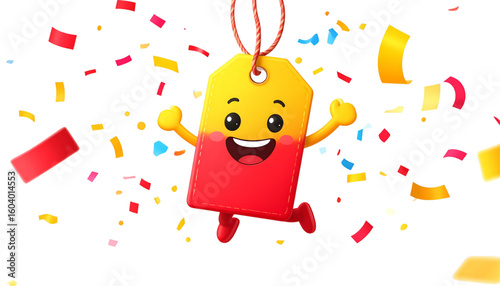 Cheerful animated price tag character celebrating with colorful confetti, joyful and excited.