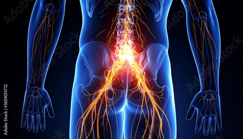 Human Back Pain Illustration with Nerves and Spine