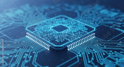 Digital blueprint style microchip visualization emphasizing precision and sophistication in tech advancement.