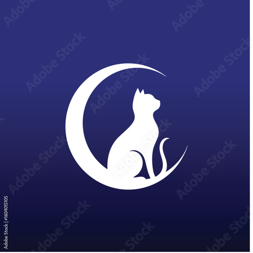 Cat Sitting on Crescent Moon Logo – A minimal and elegant logo of a cat sitting inside a crescent moon, symbolizing calmness, night, dreams, and mystery in a soft silhouette.

