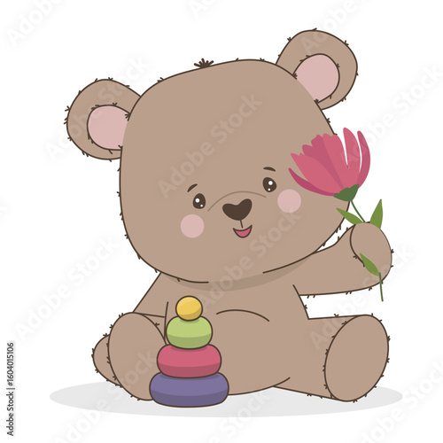 Adorable vector illustration of a cute bear holding a pink flower, accompanied by a colorful toy. The bear s cheerful expression adds charm to the playful scene.